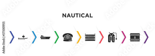 nautical filled icons with infographic template. glyph icons such as trireme, tanker ship, captain hat, big crate, air tank, sea package vector.