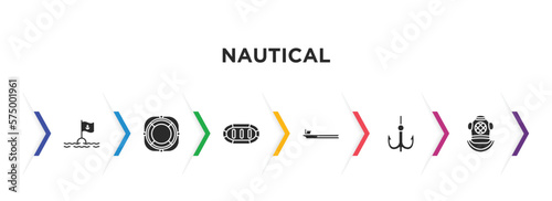 nautical filled icons with infographic template. glyph icons such as sea flag, lifesaver, rubber raft, oil tanker ship, bait, diving helmet vector.