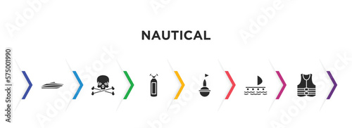 nautical filled icons with infographic template. glyph icons such as speed boat, skull and bones, oxygen tank, buoy, wood raft, life jacket vector.