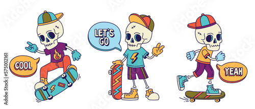 Skater skull characters. Set of cool stickers with skateboarding skeletons. Design elements for posters, social media and clothing prints. Cartoon flat vector collection isolated on white background © Rudzhan