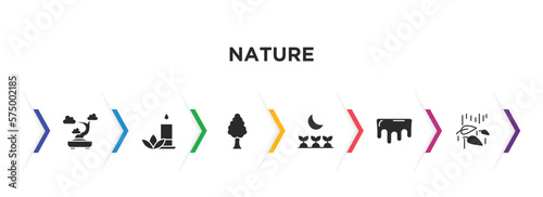 nature filled icons with infographic template. glyph icons such as bonsai tree, flower therapy, white ash tree, cultivation, melting, leaf and drop vector.