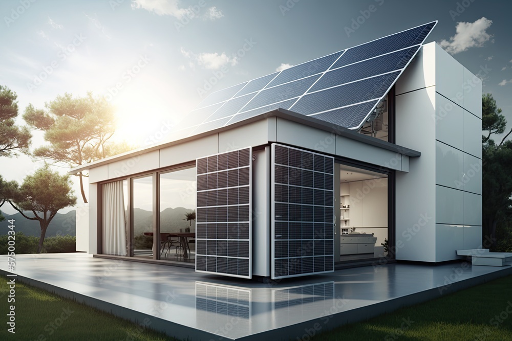 Fototapeta premium solar panels on the roof or in solar farm. Green Energy.Generative AI
