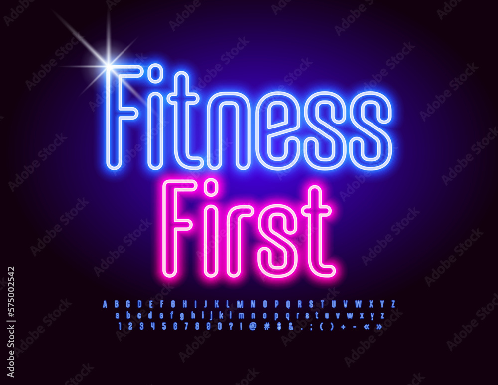 Vector creative banner Fitness First. Elegant Glowing Font. Bright Neon Alphabet Letters, Numbers and Symbols