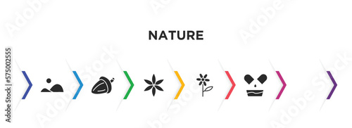 nature filled icons with infographic template. glyph icons such as anthurium, hills, oak, aster, oleander, natural medical pills vector.
