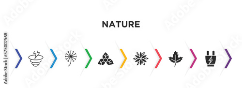 nature filled icons with infographic template. glyph icons such as windstorm, dandelion, bougainvillea, dahlia, maple, eco socket vector.