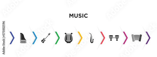 music filled icons with infographic template. glyph icons such as harpsichord, bass guitar, harp, blues, bongo, accordion vector.