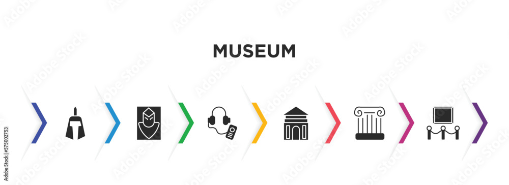 museum filled icons with infographic template. glyph icons such as roman or greek helmet, el greco, audio guide, antic architecture, antique column, exhibit vector.