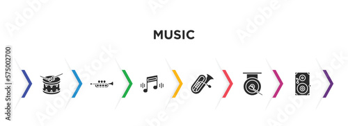 music filled icons with infographic template. glyph icons such as drum, et, music, tuba, gong, speaker vector.