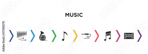 music filled icons with infographic template. glyph icons such as xylophone, horn, music note, jack, musical note, radio caste vector.