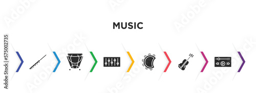 music filled icons with infographic template. glyph icons such as flute, kettledrum, equalizer, tambourine, violin, music player vector.
