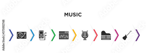 music filled icons with infographic template. glyph icons such as turntable, mp3, sound mixer, lyre, piano, guitar vector.