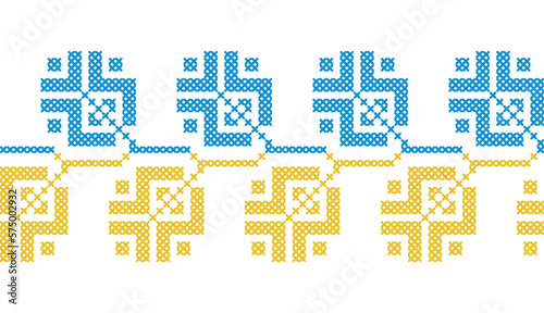 Ukrainian vector seamless ornament, border,pattern. Traditional folk, ethnic ornament. Decoration in yellow and blue Ukrainian flag colors. Pixel art, vyshyvanka, cross stitch