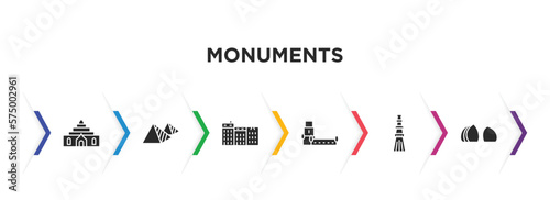 monuments filled icons with infographic template. glyph icons such as thatbyinnyu temple, egyptian, denmark, belem tower, qutb minar in new delhi, al shaheed monument vector.