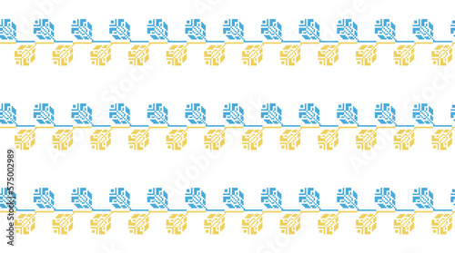 Ukrainian striped print. Vector stripes seamless pattern for textile, fabric, cloth. Traditional folk, ethnic ornament in yellow and blue colors. Pixel art, vyshyvanka, cross stitch