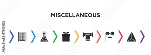miscellaneous filled icons with infographic template. glyph icons such as washboard, alchemy, wrapped gift, towel rack, fun glasses, sharpen vector.