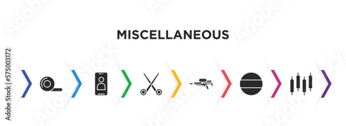 miscellaneous filled icons with infographic template. glyph icons such as adhesive tape, front camera, scissor, flame thrower, german, candlestick vector.