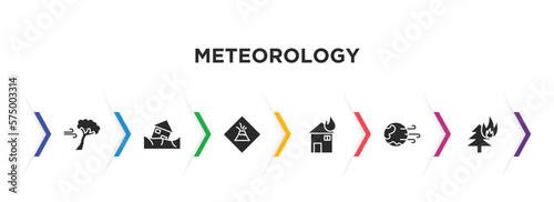meteorology filled icons with infographic template. glyph icons such as broken tree by wind, landslide and house, volcano warning, house on fire, windy earth, burning tree vector.