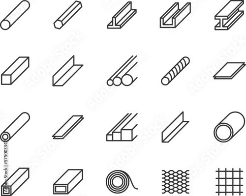 Vector set of steel and metal line icons. Contains icons steel corner, rod, sheet, strip, pipe, profile, beam, armature, rolled steel and more. Pixel perfect.