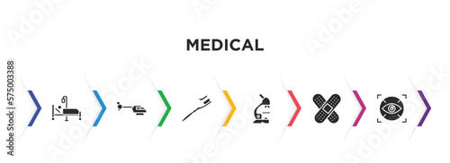 medical filled icons with infographic template. glyph icons such as illness on bed, heliport, brush with tooth paste, microscope tool, sticking plaster, eye scanner medical vector.