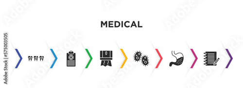 medical filled icons with infographic template. glyph icons such as braces, medical history, tissue paper, bacteria, stoh, notepad vector.