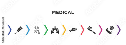 medical filled icons with infographic template. glyph icons such as ointment, otoscope, lungs, breast implant, tooth brush, emergency call vector.