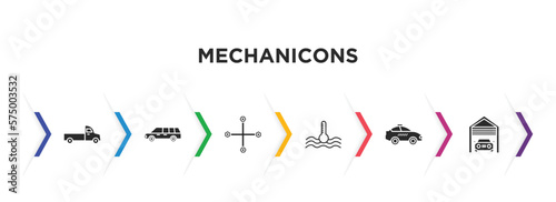 mechanicons filled icons with infographic template. glyph icons such as pick up truck, limousine side view, changing wheels tool, car temperature, taxi side, car inside a garage vector.