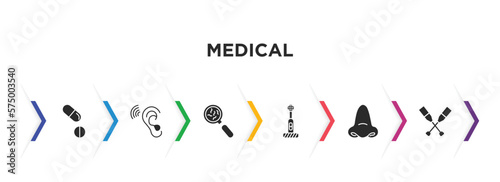 medical filled icons with infographic template. glyph icons such as tablets, ear, germs, electric toothbrush, e, crutch vector.