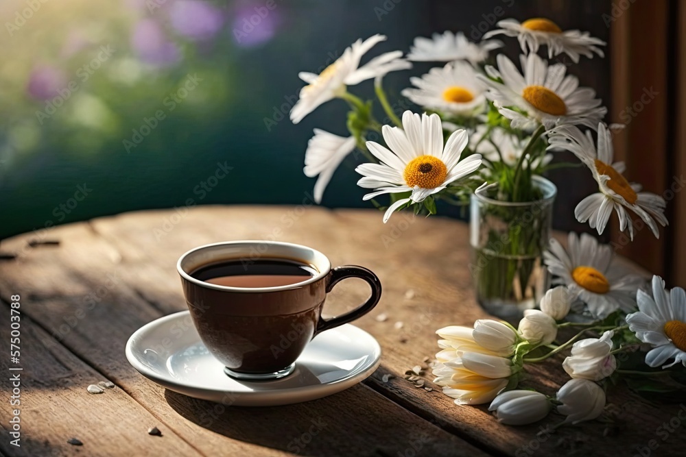 Beautiful Cup of Coffee on a Wooden Table with Spring Flowers (Generative AI) - obrazy, fototapety, plakaty 