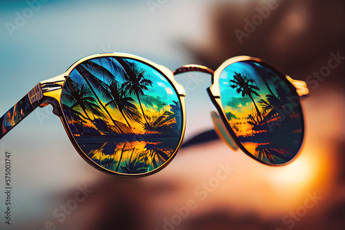 Sunglasses with reflection of tropical beach. Created with Generative AI. © iconogenic