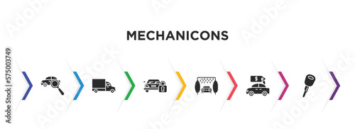 mechanicons filled icons with infographic template. glyph icons such as searching for car, lorry side view, car with padlock, car wash hine, for sale, key vector.