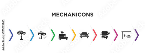 mechanicons filled icons with infographic template. glyph icons such as garage elevator, car tire change, van an antenna, rectangular car front, repairing bus, car at gas station vector.