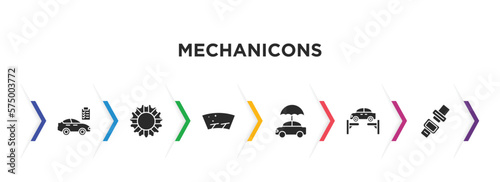 mechanicons filled icons with infographic template. glyph icons such as car repair check, bicycle sprockets, glass wiper, car with umbrella, car on an elevator, seat belt vector.