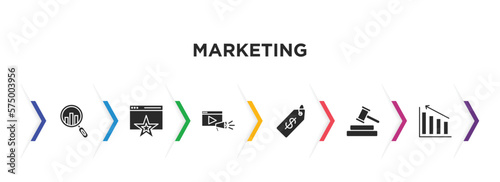 marketing filled icons with infographic template. glyph icons such as analyze, favorite web, video marketing, price, bid, diagrams vector.