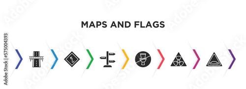 maps and flags filled icons with infographic template. glyph icons such as flyover bridge, left intersection, vintage, no toileting, radiactive, speed breaker vector.