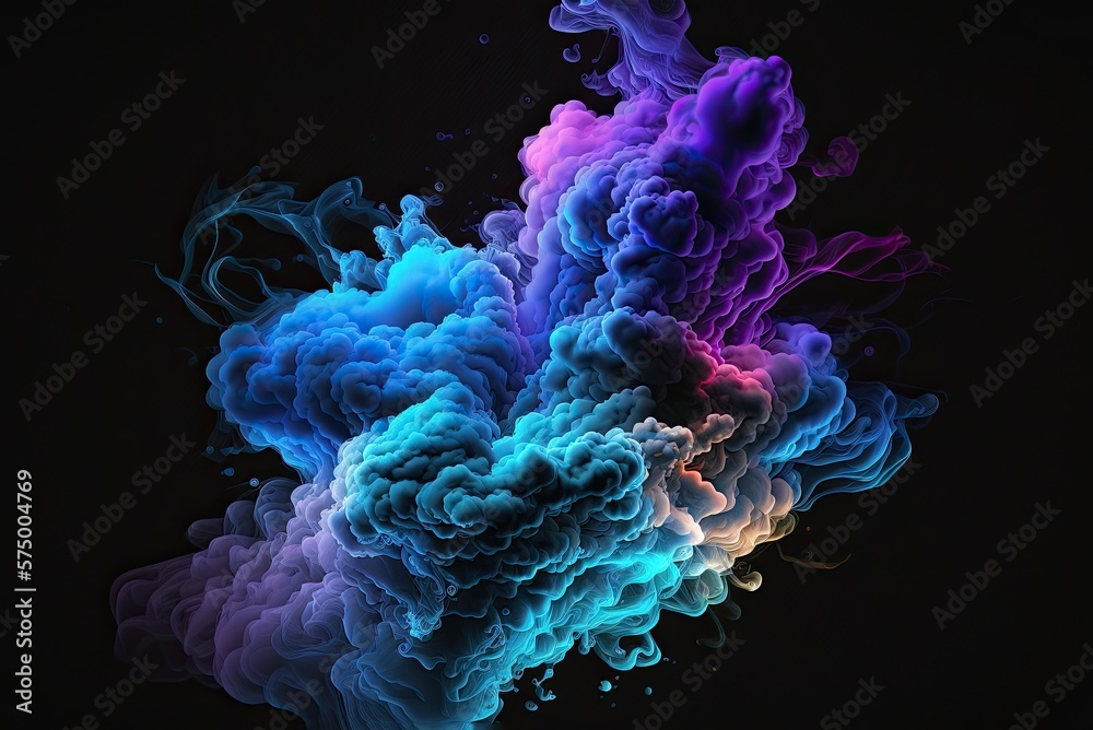 Neon multicolored smoke puff cloud design elements on a dark background. Ai generative.
