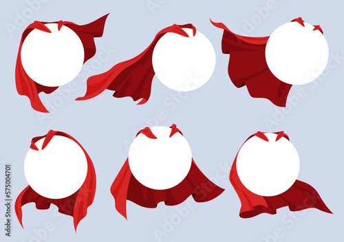 Superhero red cape label. Silk cloak with red fabric in different positions. Vector illustration photo