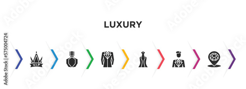 luxury filled icons with infographic template. glyph icons such as vip, fragrance, suit, luxury dress, business man, jewelry store vector.