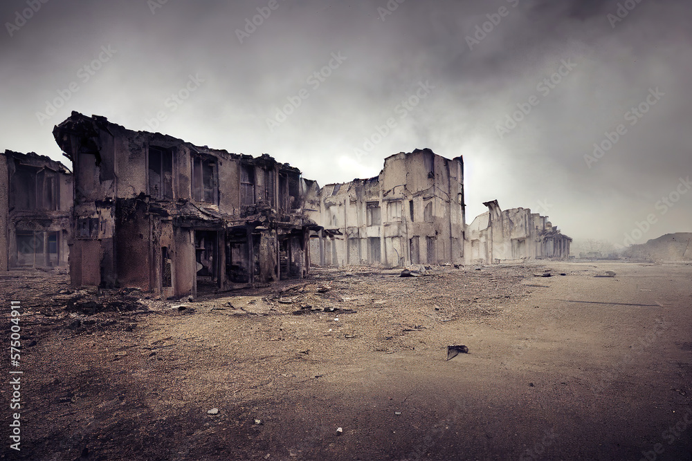 destroyed city after earthquake, war-torn landscape, apocalyptic destruction, generative ai