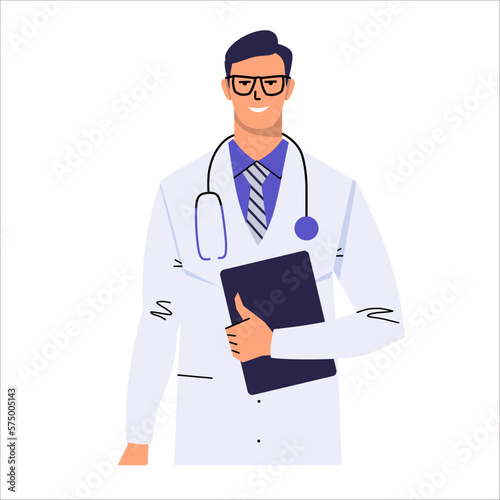 Doctor in glasses, a tie and a white coat. A doctor stands with a stethoscope and holds a clipboard. Smiling character. Flat style isolated on white. Vector.
