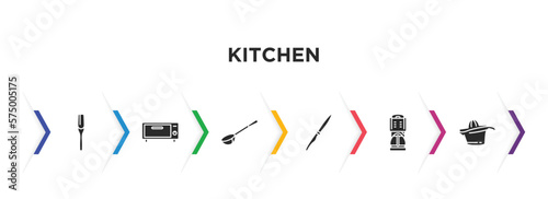 kitchen filled icons with infographic template. glyph icons such as paddle, bun warmer, ladle, steak knife, coffee maker, squeezer vector.