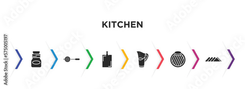 kitchen filled icons with infographic template. glyph icons such as jar, sugar sifter, kitchen board, pitcher, chopping board, napkin vector. photo