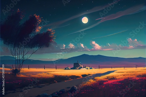 Illustration of landscape with moon and clouds. Generatie AI © CREATIVE STOCK
