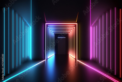 The corridor is lit up by colorful neon lights © Gun