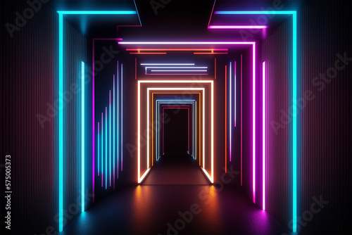 The corridor is lit up by colorful neon lights