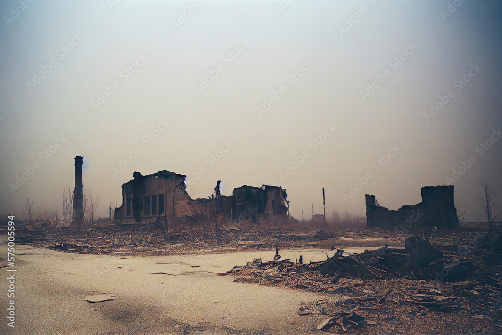 destroyed city after earthquake, war-torn landscape, apocalyptic destruction, generative ai