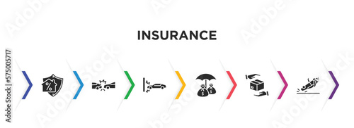 insurance filled icons with infographic template. glyph icons such as mortgage, rear end collision, crash, investment insurance, moving insurance, overturned car vector.