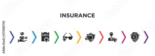 insurance filled icons with infographic template. glyph icons such as familiar insurance, contract coverage, glasses insurance, unemployed, agent, long term protection vector.