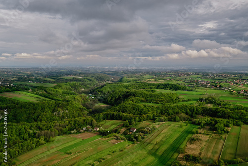 Aerial shot of Ojcow National Park south part, aerial view of green Pradnik valley, Lesser Poland, Europe, late spring, 2020