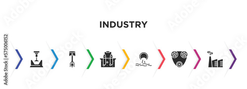 industry filled icons with infographic template. glyph icons such as crusher, piston, electrolysis, sewage, timing belt, geothermal vector.