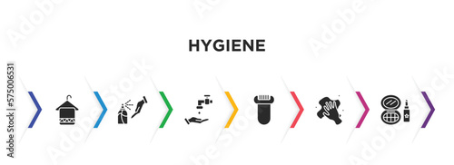hygiene filled icons with infographic template. glyph icons such as face towel, antiseptic, scrub up, depilator, dust cleaning, cosmetics vector.